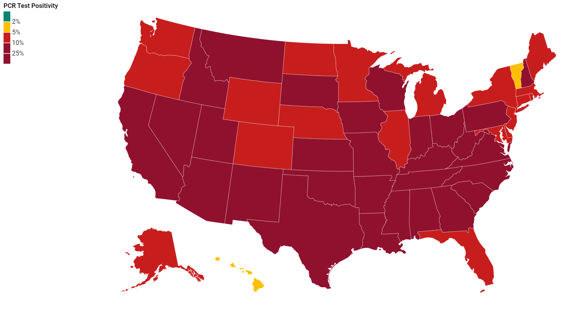 United States map with PCR positivity per state